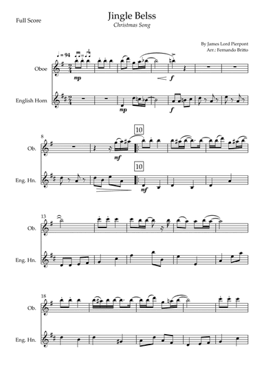 Jingle Bells - Jazz Version (Christmas Song) for Oboe & English Horn Duo (arr. Fernando Britto)