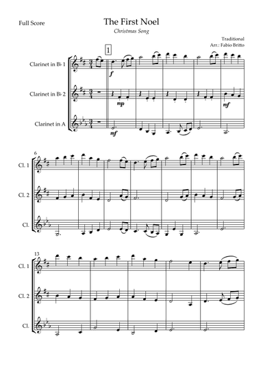 The First Noel (Christmas Song) for Clarinet Trio (arr. Fabio Britto)