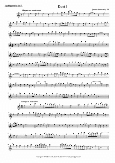 James Hook, 6 Duetts op. 58 for 2 Recorders in F, 1st part (arr. B. Brennan)