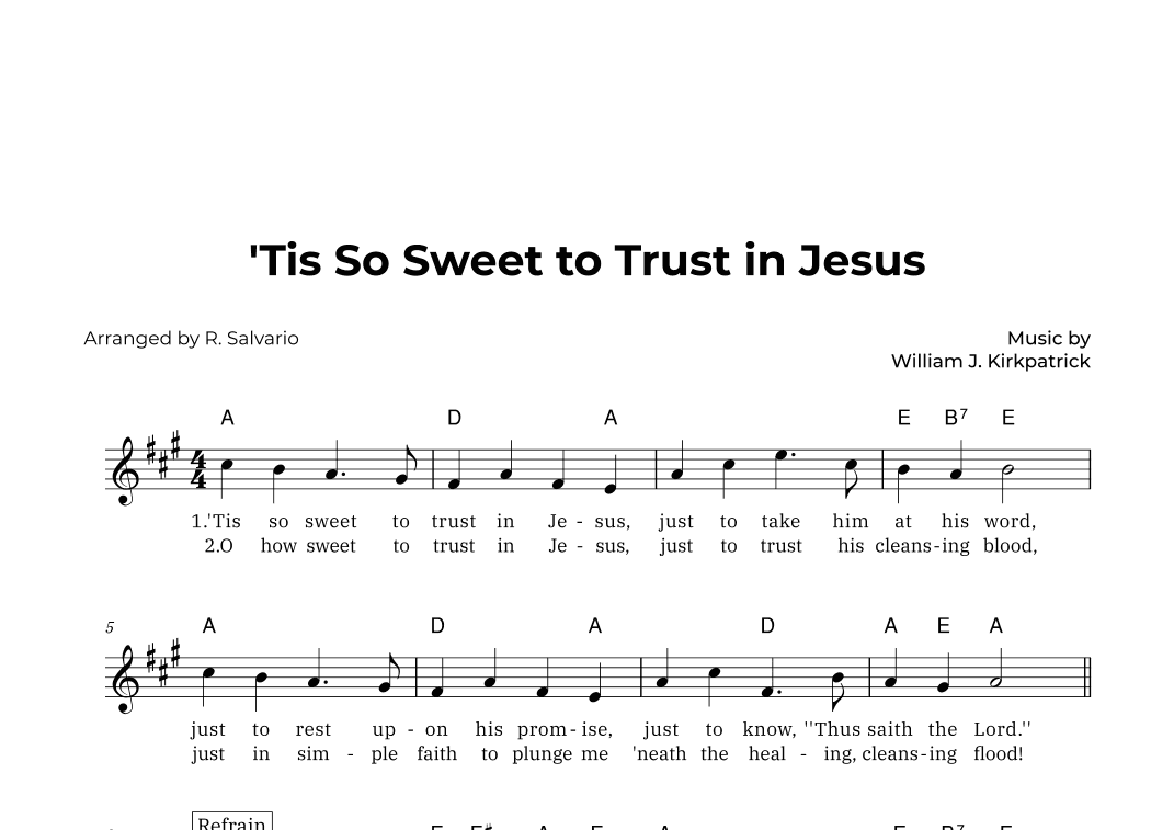 'Tis So Sweet to Trust in Jesus (Key of A Major) (arr. R. Salvario)