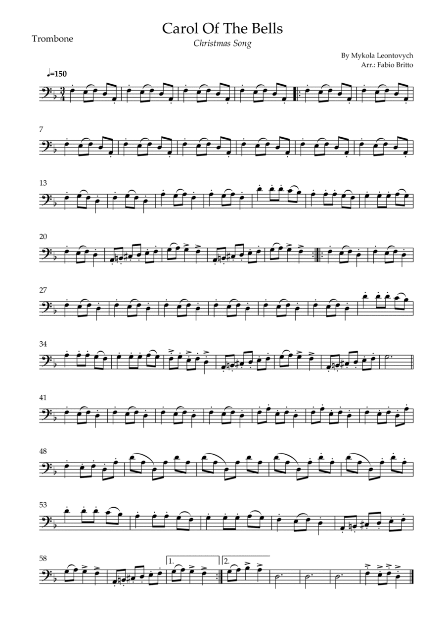 Carol Of The Bells (Christmas Song) for Trombone Solo (D Minor) (arr. Fabio Britto)