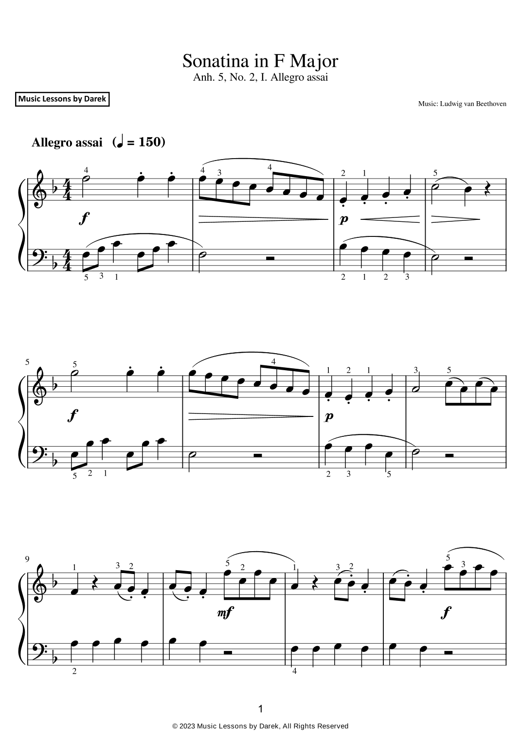 Sonatina in F Major (EASY PIANO) Anh. 5, No. 2, I. Allegro assai [Ludwig van Beethoven] (arr. Darek)