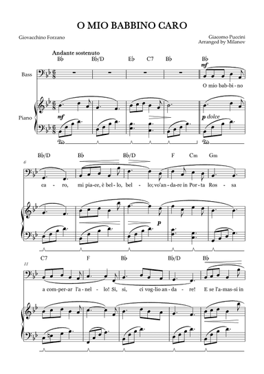 O Mio Babbino Caro | Male Voice Bass | B-flat Major | Piano accompaniment | Pedal | Chords (arr. Milanov)