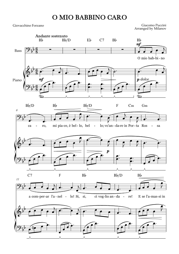 O Mio Babbino Caro | Male Voice Bass | B-flat Major | Piano accompaniment | Pedal | Chords (arr. Milanov)