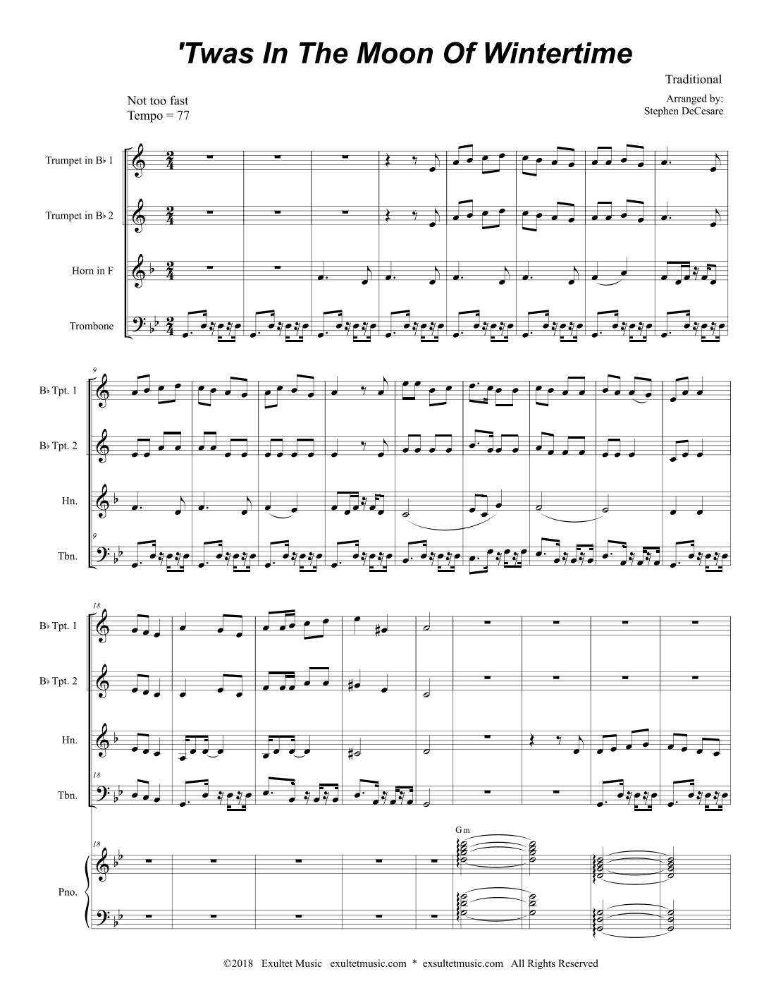 'Twas In The Moon Of Wintertime (Brass Quartet and Piano) (arr. Stephen DeCesare)