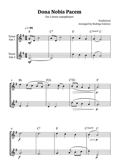 Dona Nobis Pacem - for 2 tenor saxophones (with chords) (arr. Rodrigo Faleiros)