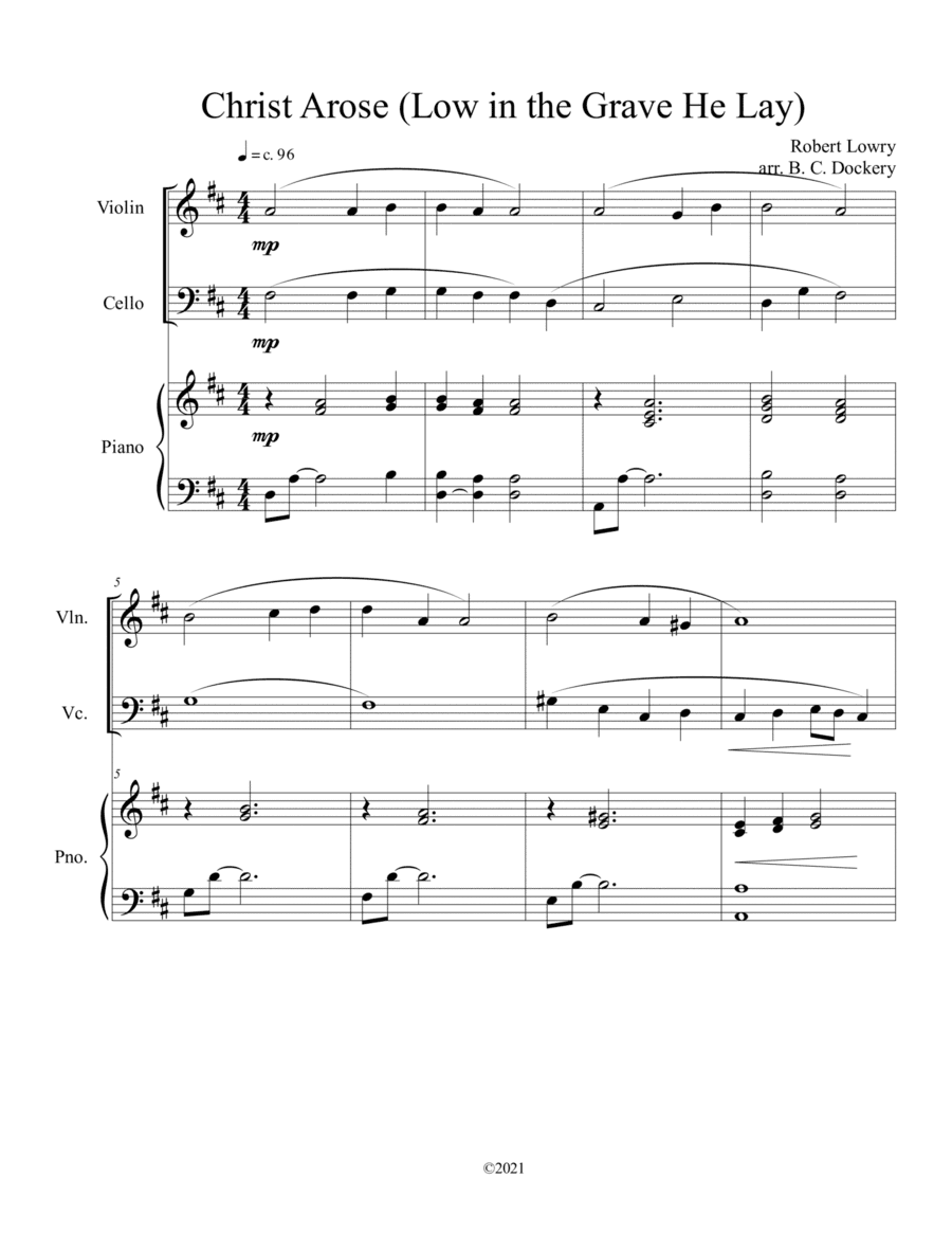 Christ Arose (Low in the Grave He Lay) for violin and cello duet with optional piano (arr. B. C. Dockery)