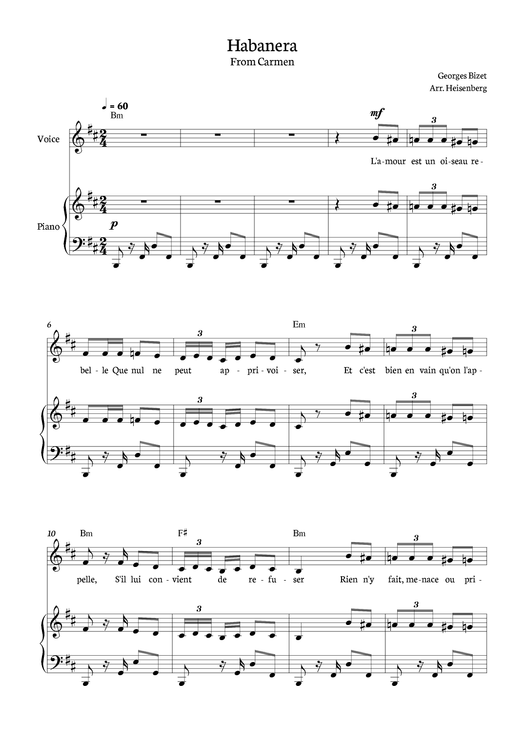 Habanera - Carmen for piano, chords and voice in B minor. (arr. Heisenberg)