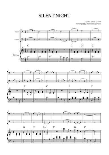 Silent Night for tuba duet with piano accompaniment • easy Christmas song sheet music (w/ chords) (arr. Benzaiten Editions)