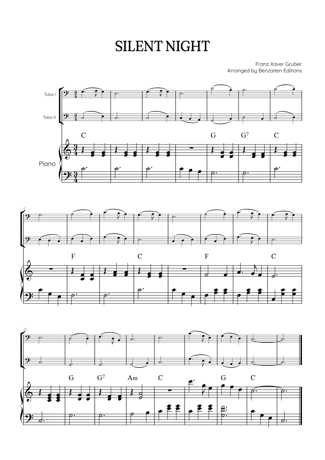 Silent Night for tuba duet with piano accompaniment • easy Christmas song sheet music (w/ chords) (arr. Benzaiten Editions)
