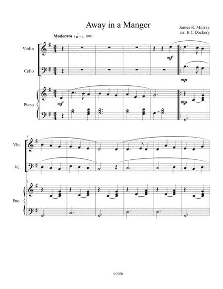 Away in a Manger (violin and cello duet) with optional piano accompaniment (arr. B C Dockery)