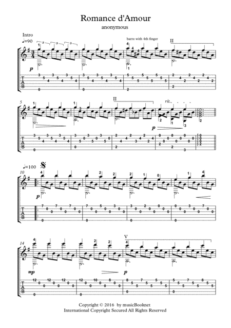 Romance d Amour for Guitar (arr. PianoSheetNow)