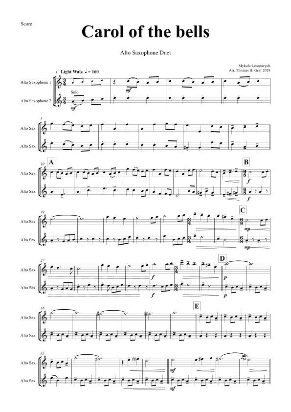 Carol of the Bells - Pentatonix style - Alto Saxophone Duet (arr. Thomas Graf)