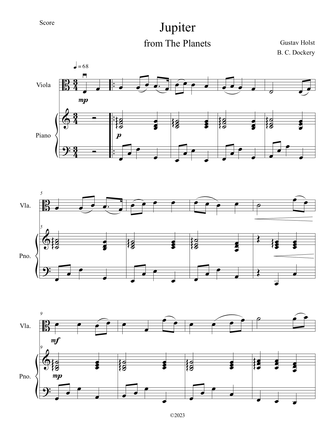Jupiter (from The Planets) for Viola Solo with Piano Accompaniment (arr. B. C. Dockery)