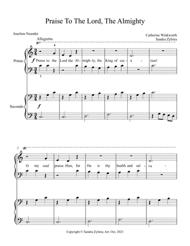 Praise To The Lord, The Almighty  (beginning solo with optional elementary duet) (arr. Sandra Zylstra)