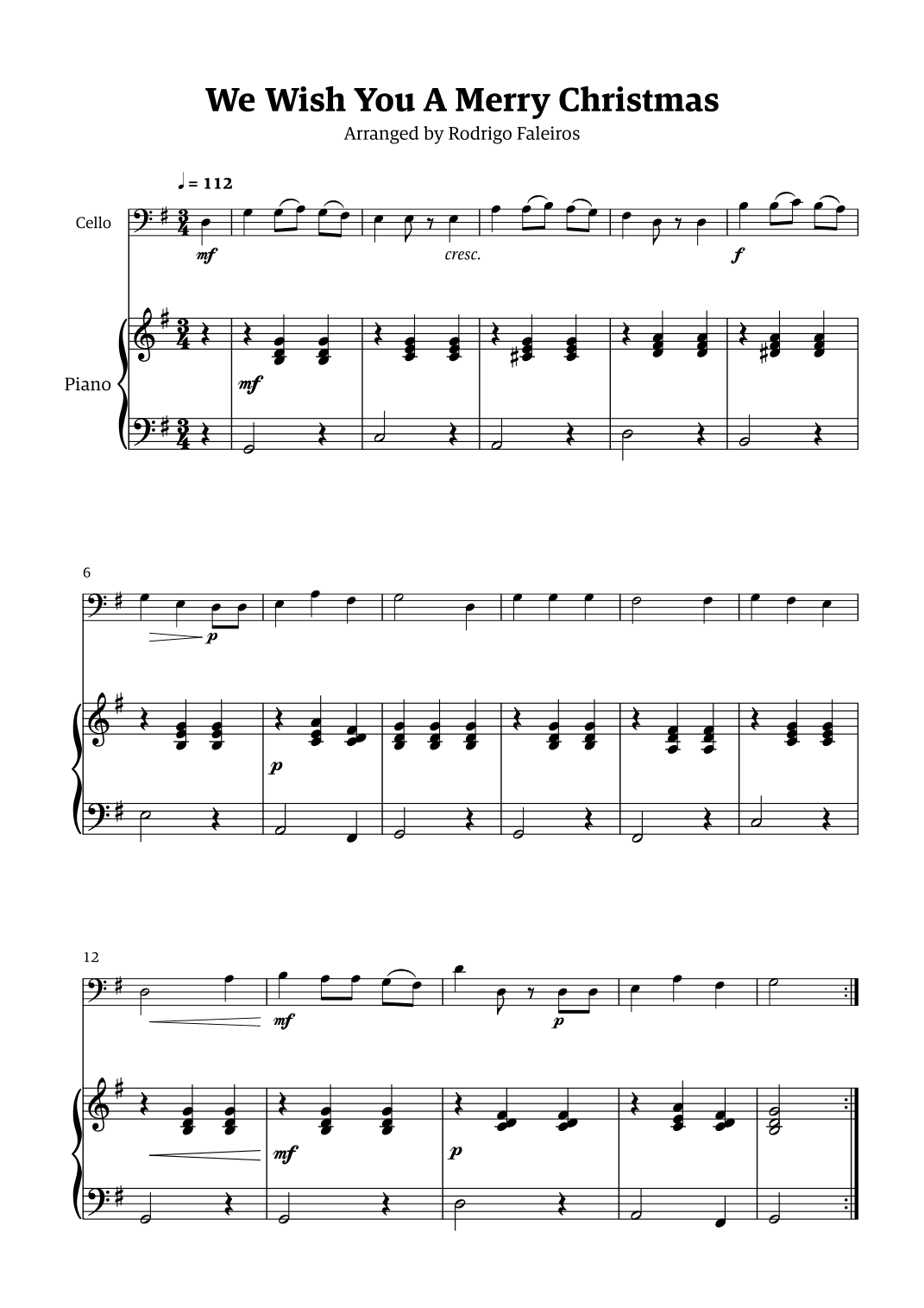 We Wish You a Merry Christmas (for solo cello with piano accompaniment) (arr. Rodrigo Faleiros)