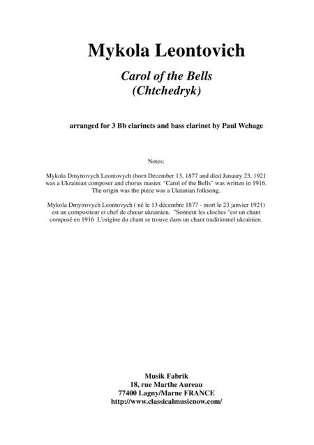 Mykola Leontovich : Carol of the Bells, arranged for three Bb clarinets and bass clarinet (arr. Paul Wehage)