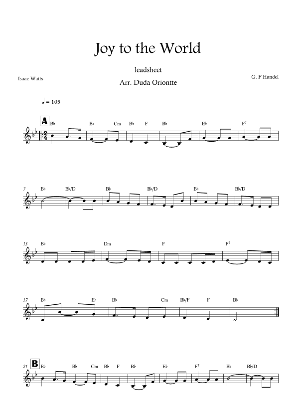 Joy to the World (Bb major - leadsheet - no lyrics) (arr. Duda Oriontte)