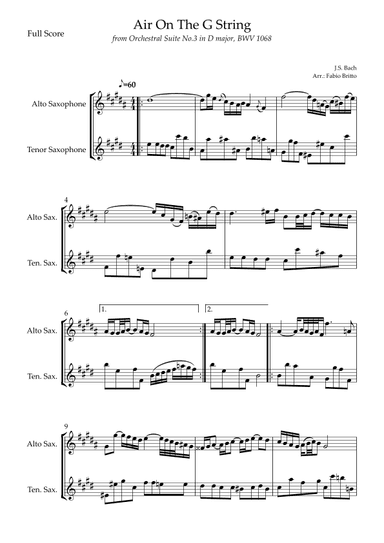Air On The G String (J.S. Bach) for Alto Saxophone & Tenor Saxophone Duo (arr. Fabio Britto)