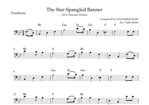 The Star Spangled Banner (USA National Anthem) for Trombone Solo with Chords (Bb Major) (arr. Fabio Britto)
