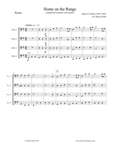 Home on the Range for Beginner Cello Quartet (four cellos) (arr. Yellow Cello Music)