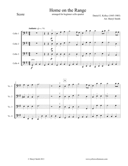 Home on the Range for Beginner Cello Quartet (four cellos) (arr. Yellow Cello Music)
