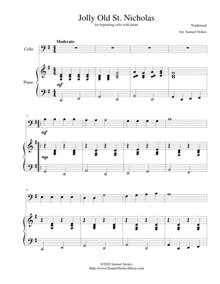 Jolly Old St. Nicholas - for beginning cello with optional piano accompaniment (arr. Samuel Stokes)
