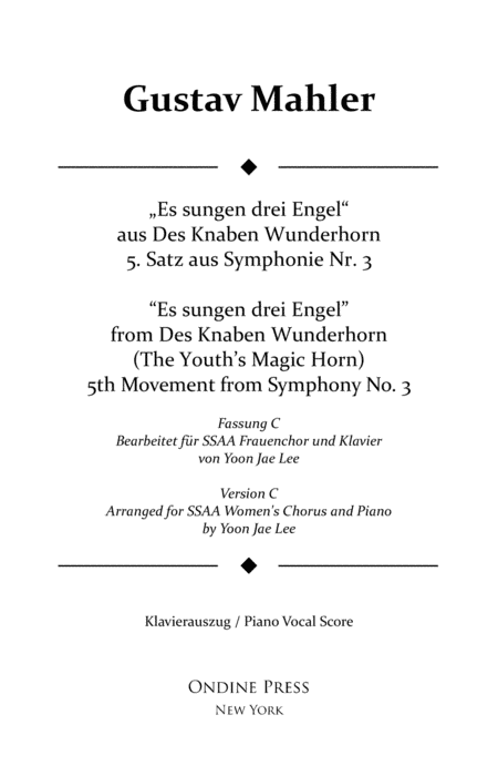 Mahler (arr. Lee): Symphony No. 3 5th movement, Piano Vocal Score (Version C for SSAA Chorus) (arr. Yoon Jae Lee)