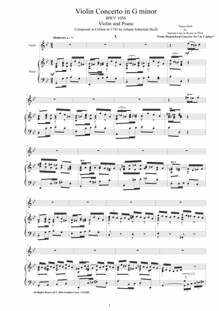 Bach - Violin Concerto in G minor BWV 1056 for Violin and Piano (arr. Santino Cara)