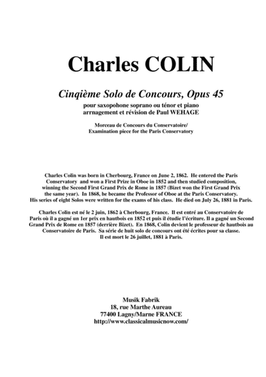 Charles Colin: Cinquième Solo de Concours, Opus 45 arranged for Bb soprano or tenor saxophone and pi (arr. Paul Wehage)
