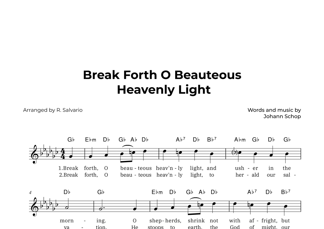 Break Forth O Beauteous Heavenly Light (Key of G-Flat Major) (arr. R. Salvario)