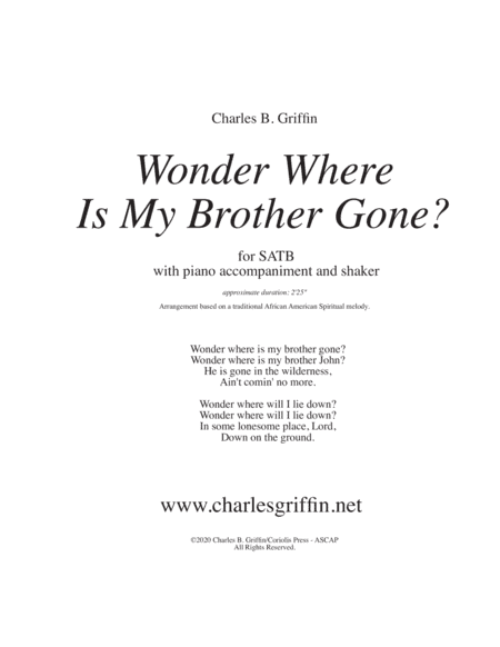 Wonder Where is my Brother Gone? - (Spiritual) SATB & Piano (and shaker) (arr. Charles Griffin)