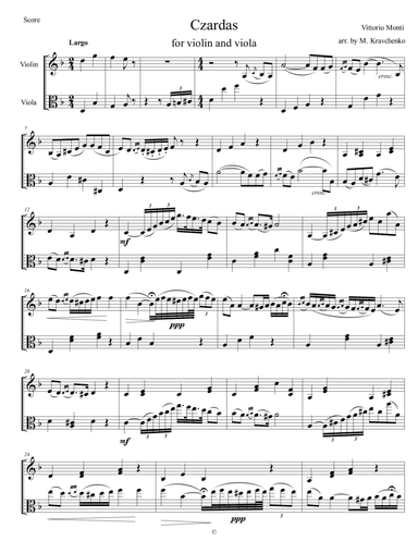 Vittorio Monti - Czardas arr. for violin and viola (score and parts) (arr. Maksym Kravchenko)