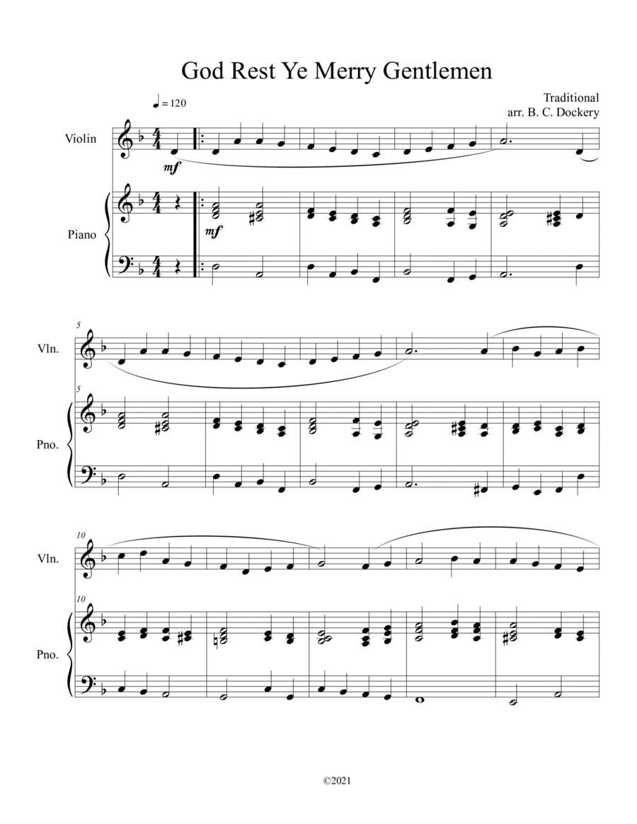 God Rest Ye Merry Gentlemen (Violin Solo) with optional piano accompaniment (arr. B. C. Dockery)