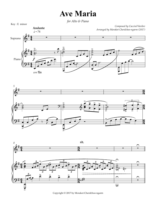 Ave Maria Caccini for Voice & Piano (E minor) Low key (arr. Morakot Cherdchoongarm)
