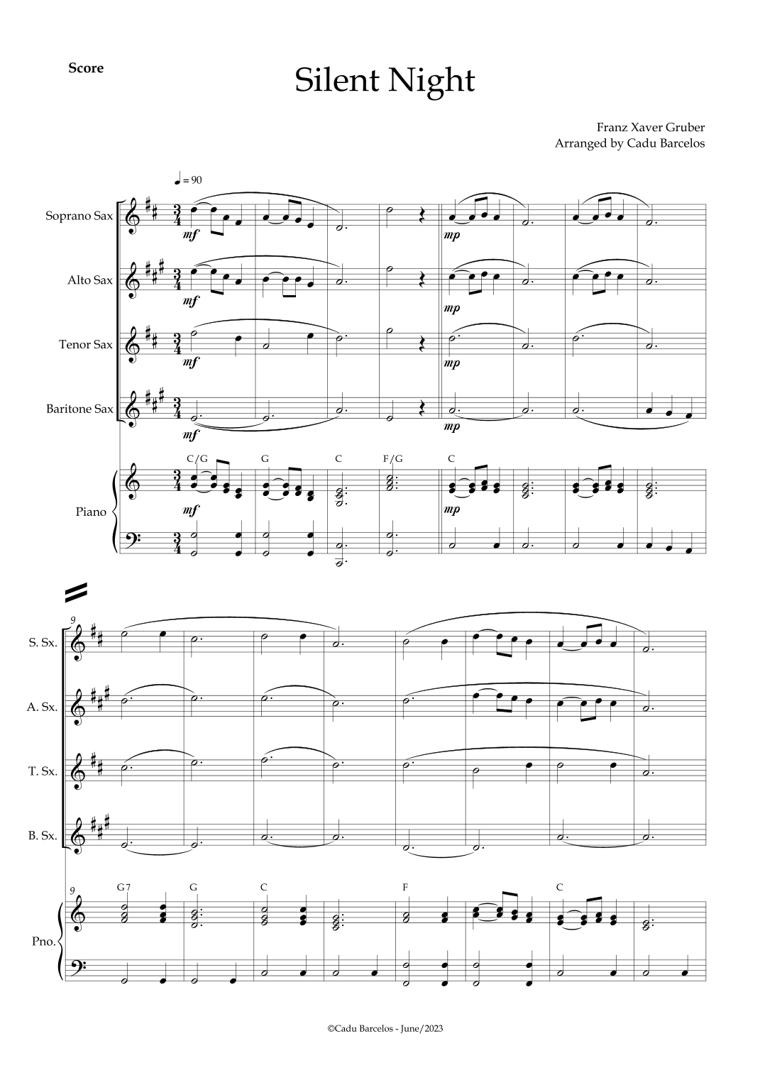 Silent night (Saxophone Quartet) Piano and chords (arr. Cadu Barcelos)