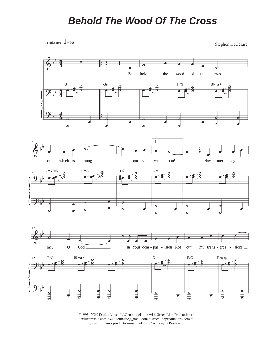 Behold The Wood Of The Cross (Vocal solo - (High Key)