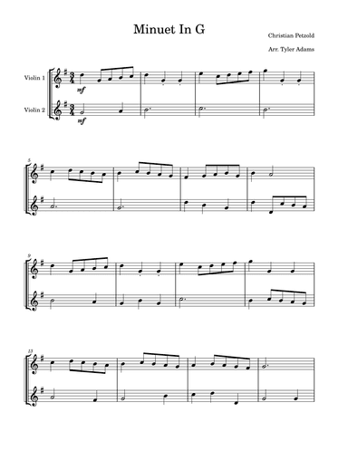 Minuet in G (Easy Violin Duet) (arr. Tyler Adams)