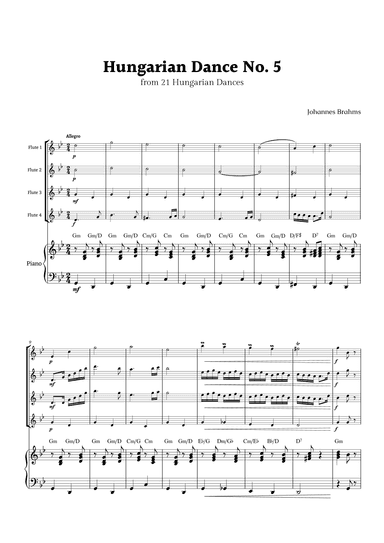 Hungarian Dance No. 5 by Brahms for Flute Quartet and Piano with Chords (arr. Rika K.)