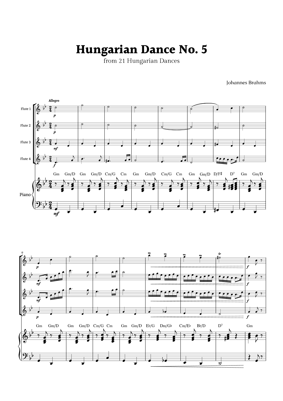 Hungarian Dance No. 5 by Brahms for Flute Quartet and Piano with Chords (arr. Rika K.)
