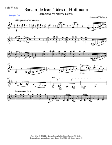 BARCAROLLE Tales From Hoffmann for Violin Solo, Intermediate Level (arr. Sherry Lewis)