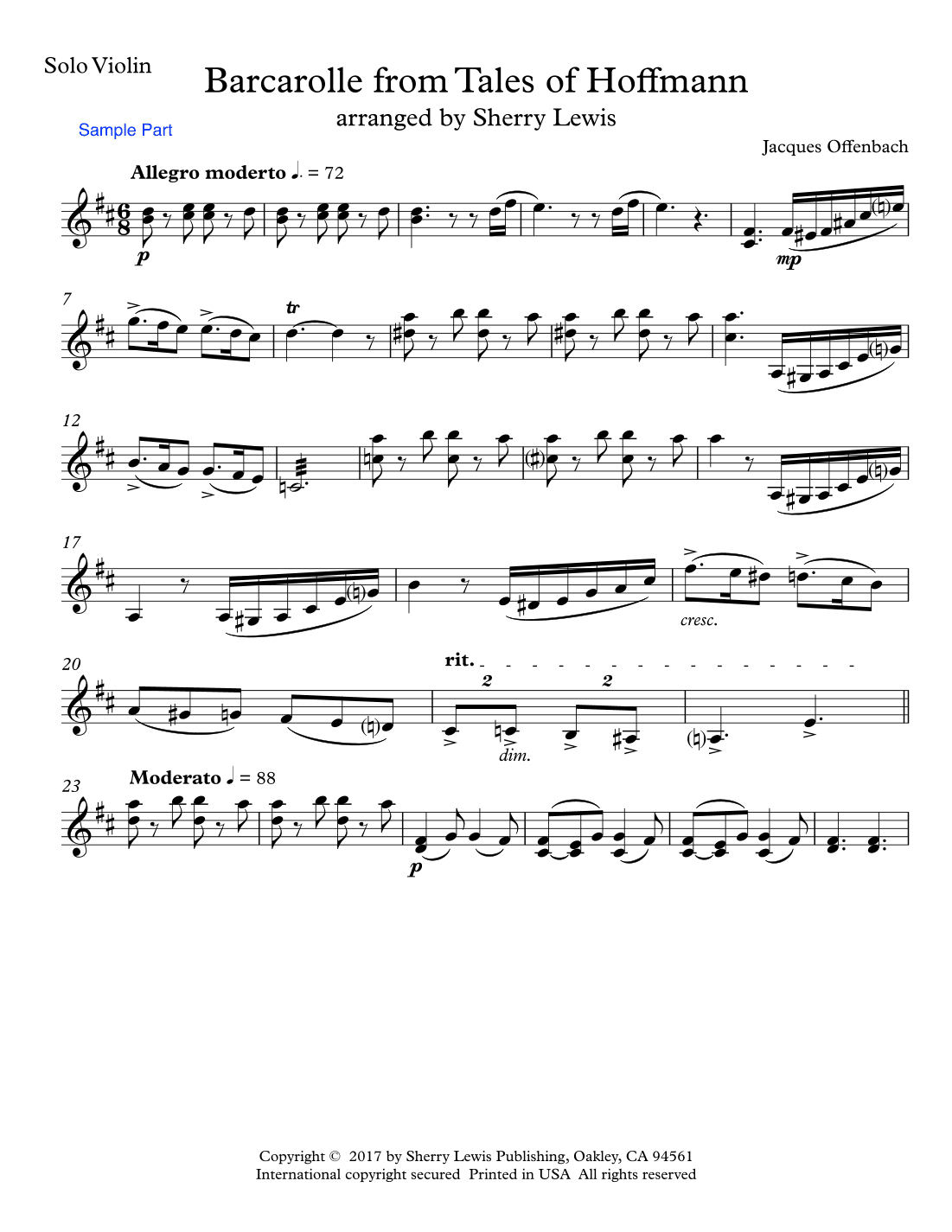 BARCAROLLE Tales From Hoffmann for Violin Solo, Intermediate Level (arr. Sherry Lewis)