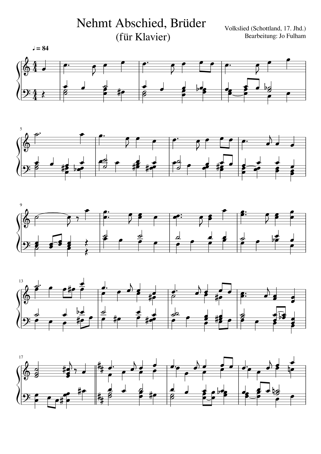 Nehmt Abschied, Brüder (für Klavier) (arr. Jo Fulham)