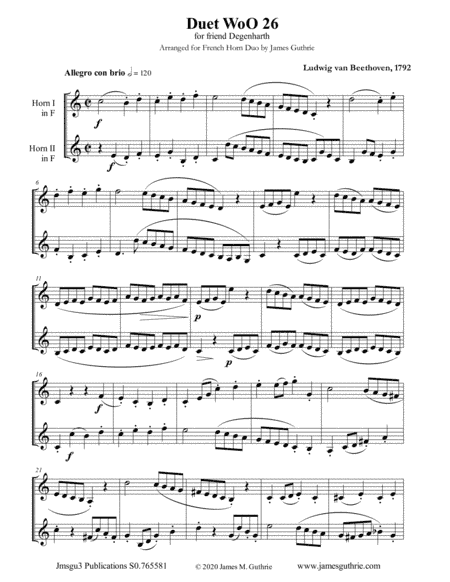 Beethoven: Duet WoO 26 for French Horn Duo (arr. James Guthrie, ASCAP)