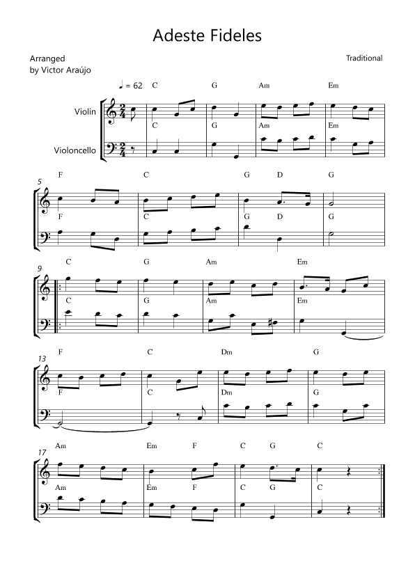 Adeste Fideles - Violin and Cello with Chord Symbols (arr. Arezzo Music)