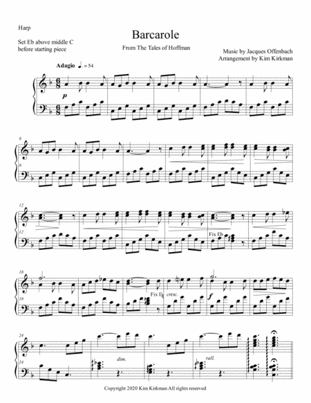 Barcarole from Tales of Hoffman by Offenbach for harp solo (arr. Kim Kirkman)