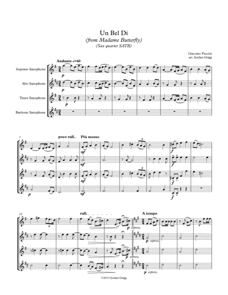 Un Bel Di from Madame Butterfly (Sax quartet SATB) (arr. Jordan Grigg)