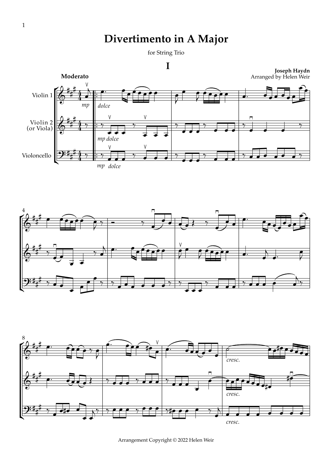 A Major String Trio, HAYDN for 2 Violins & Cello (Viola option) (arr. Helen Weir)