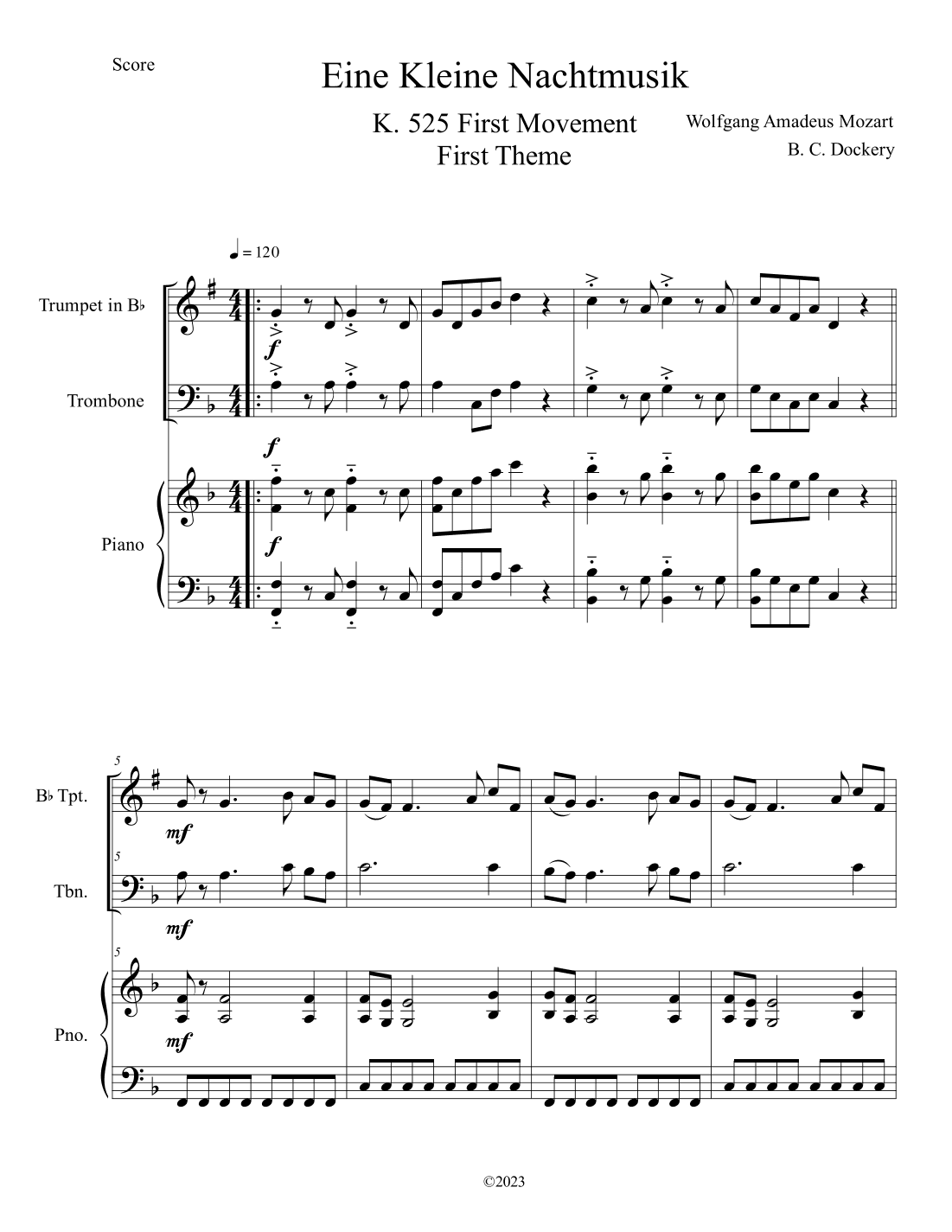 Eine Kleine Nachtmusik (A Little Night Music) for Trumpet and Trombone Duet with Piano Accompaniment (arr. B. C. Dockery)
