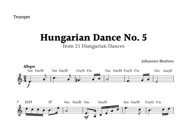 Hungarian Dance No. 5 by Brahms for Trumpet Solo with Chords (arr. Rika K.)